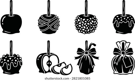 A collection of stylized candy apples and festive wrapped sweets in silhouette perfect for halloween party invitations and seasonal promotions.