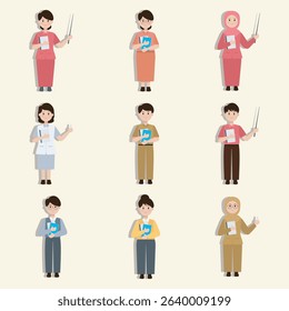 Collection of stylized cartoon characters, likely depicting various teachers and students, presented in a diverse range of attire.