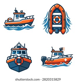 A collection of stylized cartoon illustrations featuring orange and blue rescue boats and a rubber dinghy life raft icon.