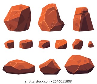 Uma coleção de rochas estilizadas, parecidas com desenhos animados, renderizadas em tons de marrom-avermelhado. Variando em forma e tamanho, com linhas geométricas dando-lhes uma aparência facetada.