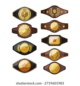 Collection of stylized champion belts featuring gold plates with number one, laurel wreaths, crowns, and stars, representing winning, success, sport awards, and competition prizes