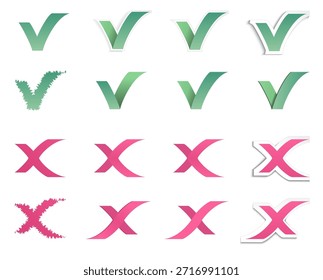 Coleção de marcas de verificação estilizadas e símbolos de cruz em vários estilos de gráfico, incluindo gradientes, sombras, contornos e bordas irregulares.