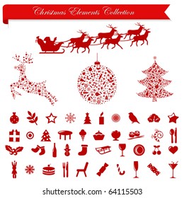 Collection Stylized Christmas Icons And Elements, Isolated On White Background, Vector Illustration