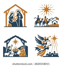 A collection of stylized Christmas nativity scene icons featuring the holy family, the three wise men, shepherds with sheep, and angels, rendered in a modern two-tone graphic style.