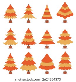 A collection of stylized Christmas tree illustrations featuring vibrant orange and yellow hues, perfect for festive design themes and holiday decoration ideas. Christmas vector illustration.