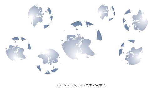 A collection of stylized, circular world globes rendered in a cool, metallic palette of blue, silver, and grey, featuring a glossy, reflective surface.