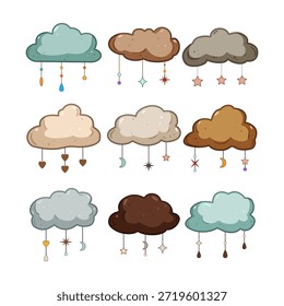 Colección de nubes estilizadas en tonos terrosos y pastel apagados, con Elementos colgantes como estrellas, lunas, corazones, gotas de lluvia y cuentas, creando una decoración caprichosa de la habitación del bebé o del cuarto del bebé