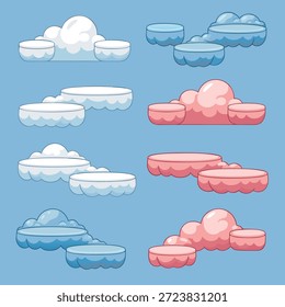 Collection of stylized clouds in various colors, each featuring platforms, suitable for game design elements.