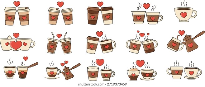 Una colección de tazas de café estilizadas adornadas con corazones y diseños cálidos y acogedores, perfectos para expresar amor y confort.