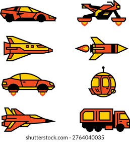 A collection of stylized, colorful vehicles including futuristic cars, flying motorcycles, rockets, jets, and a truck, all rendered with bold outlines.