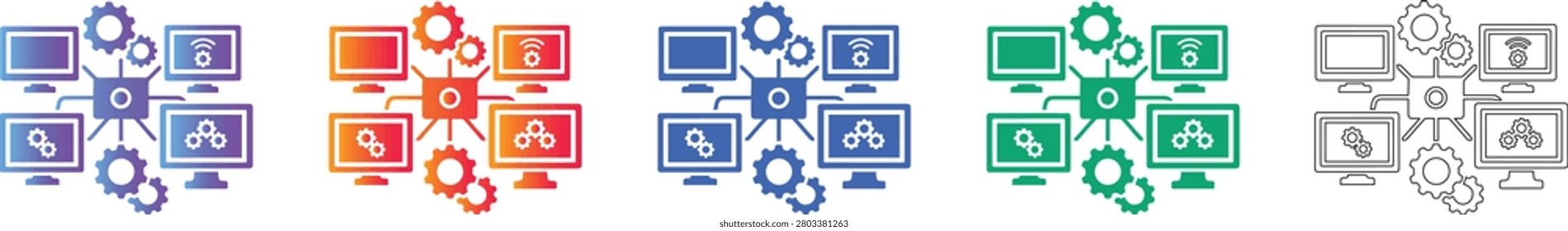 A collection of stylized computer network icons featuring interconnected displays and gear motifs. This graphic set is perfect for technology websites, IT infrastructure presentations, and system administration documentation.