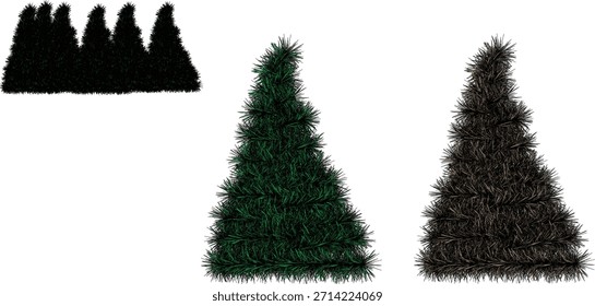 A collection of stylized conical trees, including vibrant green evergreens and brown deciduous options, perfect for various graphic design elements and seasonal projects. Isolated on white.
