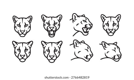 Collection of stylized cougar head illustrations in various poses and expressions perfect for graphic design