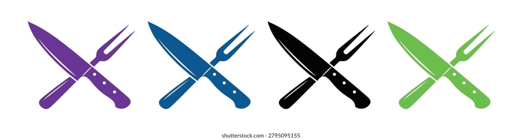 Collection of stylized crossed carving knife and fork icons representing cooking and dining. Ideal for restaurant menus culinary guides.