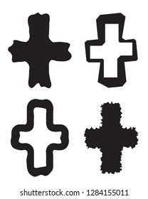 Collection of stylized crosses isolated on white background. Hand drawn imitation of black cross for logo, mark and concept