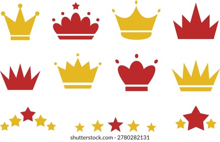 Collection of stylized crown illustrations in yellow and red with various designs
