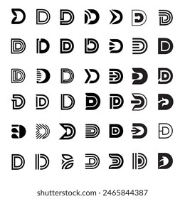 A collection of stylized "D" logos featuring diverse geometric designs and patterns, each accompanied by distinct, distorted text beneath, emphasizing contemporary typography and creative design.