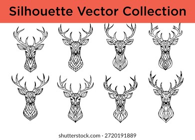 Collection of stylized deer heads isolated on white background