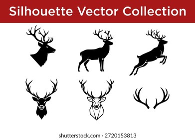 Collection of stylized deer silhouettes isolated on white background