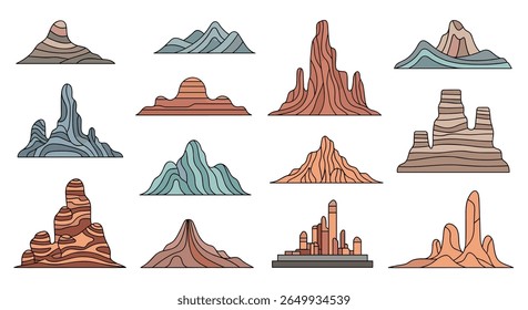 Collection of stylized desert rock formations and sandstone mesas illustration