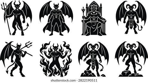 Collection of stylized devil silhouettes in black and white suitable for print or digital media applications.