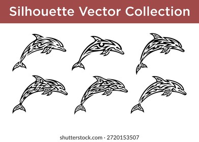 Colección de siluetas de delfines estilizados aislados sobre fondo blanco
