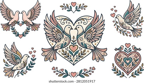 Collection of stylized doves and hearts with floral accents in pastel colors pigeon bird love