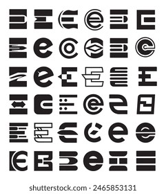 A collection of stylized "E" logos showcasing various geometric designs and patterns. Each logo features unique, creatively distorted text beneath, highlighting modern typography and innovative Design