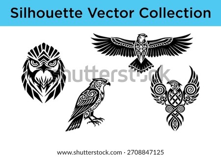A collection of stylized eagle and hawk silhouettes featuring intricate tribal and Celtic knot patterns, perfect for logos, tattoos, and graphic design projects.