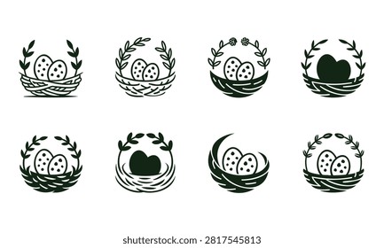 Collection of stylized Easter egg nests with decorative branches and foliage in a modern outline art style