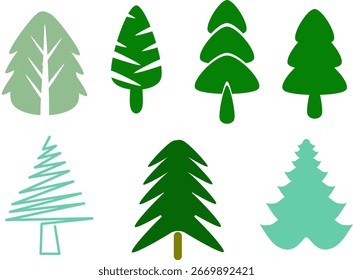 Colección de árboles estilizados de hoja perenne en varias Formas y formas, y árboles de Navidad