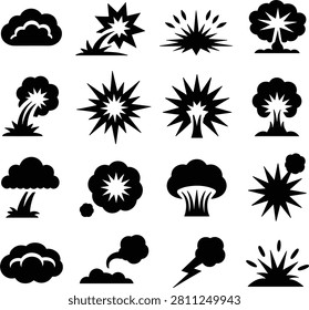 Collection of stylized explosive event symbols and atmospheric effects. Useful for concept design in media gaming or graphic projects.