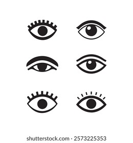 Collection of stylized eye icons in various expressions. A set of four black and white stylized eye icons, each with varying eyebrow and lash details, offering different expressions.