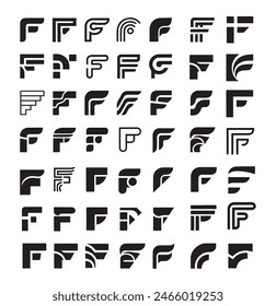 Una colección de logotipos "F" estilizados con una variedad de diseños y patrones geométricos, cada uno emparejado con texto distinto, distorsionado creativamente a continuación, ejemplificando la tipografía contemporánea y la inventiva.