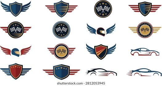 A collection of stylized featuring racing emblems with shields, wings, flags, and helmets, alongside abstract car silhouettes in blue, red, gold, and black.