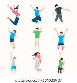 Collection of stylized figures of boys and girls jumping and playing.  The figures are depicted in a simplified, flat design, and are brightly colored to evoke feelings of joy and energy.