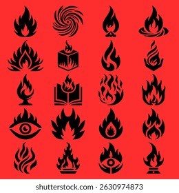 A collection of stylized fire symbols in black on a vibrant red background.