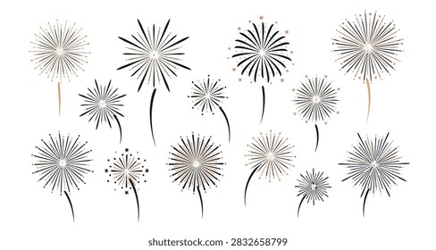 Collection of stylized fireworks bursts in various shapes and colors