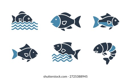 A collection of stylized fish icons, rendered in shades of blue and dark blue against a clean white background. These graphic elements depict various fish forms, some with wavy water lines. Suitable for use in design projects or commercial applications. The illustrations could be applied to various illustrative or editorial contexts.