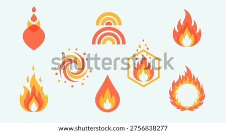 Collection of stylized flame and fire icons in orange and yellow hues on a light blue backdrop.