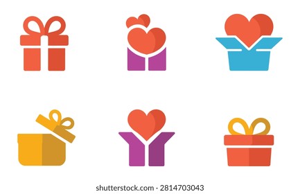 Collection of stylized flat icons representing gifts and hearts for various celebratory occasions