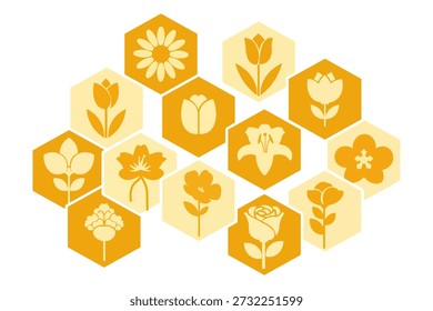 Colección de iconos de flores estilizadas en Formas hexagonales, paleta amarilla y naranja