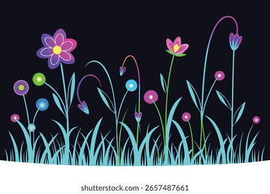 Una colección de flores estilizadas y hierba en varios colores vibrantes que incluyen púrpura, rosa, azul, verde y amarillo sobre un fondo oscuro.