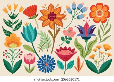 A collection of stylized flowers and leaves in a range of colors, perfect for spring or summer designs