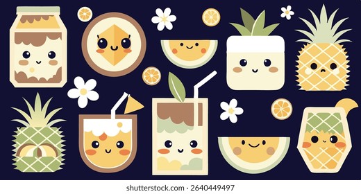 A collection of stylized fruit and drink illustrations with kawaii-style faces, including pineapples, melons, and beverages, accented by small white flowers and orange slices.