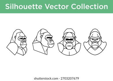 Una colección de estilizadas Ilustraciones vectoriales de siluetas geométricas de cabezas de gorila en varias poses.