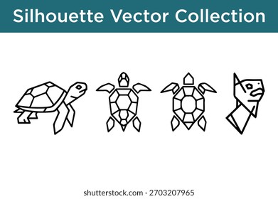 A collection of stylized geometric silhouette vector illustrations of turtles.