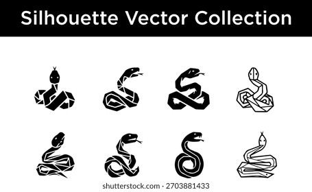 Una colección de Ilustraciones vectoriales de siluetas geométricas estilizadas de serpientes en varias poses.