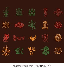 Collection of stylized graphic designs, including animals, birds, reptiles, and symbols, likely representing an ancient culture or tradition. The images are outlined with simple lines and filled with 
