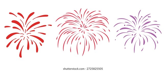 Sammlung von stilisierten grafischen Feuerwerk Bursts mit roten und lila vereinfachten Streifen symbolisieren Freude Feier Neujahr oder Jubiläum Veranstaltungen auf weiß.